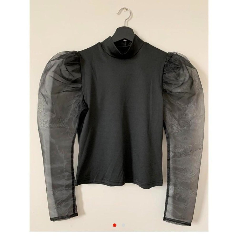 Feng Sway NYC Black Sheer Organza Puff Sleeve Top